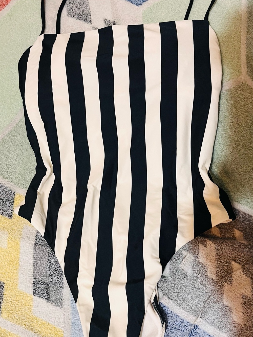 Shade & Shore Black and White Vertical Stripe One-Piece Swimsuit